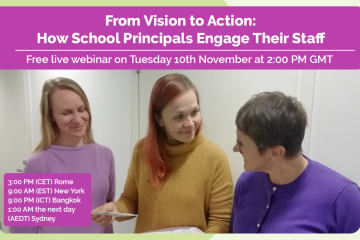 Webinar banner for “From Vision to Action: How School Principals Engage Their Staff.” Three women are discussing together. The webinar takes place on November 10th at 2:00 PM GMT, with additional time zones listed.